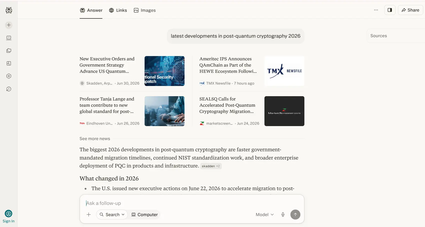 Perplexity AI free interface showing cited sources for a research query by an Indian student
