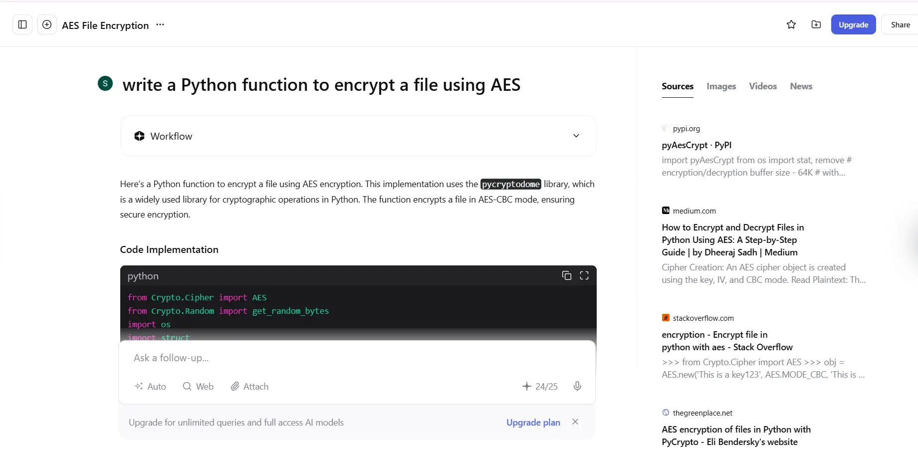 You.com free AI search interface showing a coding answer with sources for an Indian student